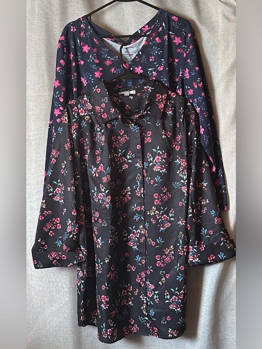 Woman Within•2 tops•button-down blouse/long-sleeve tee•18/20 L•black/pink•floral